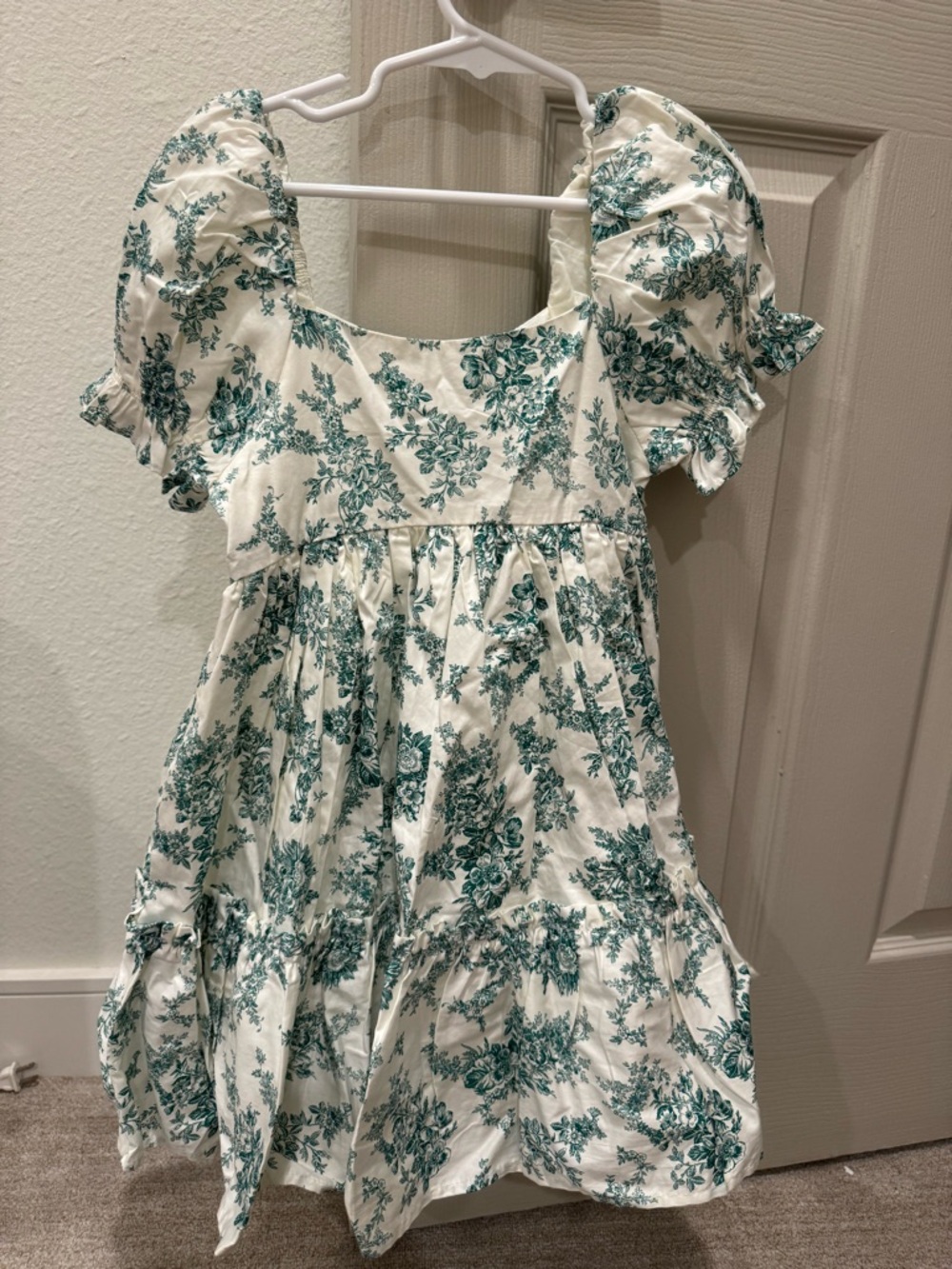 Janie and Jack Girl’s' Floral Puff-Sleeve Cotton Dress with layers - White/Teal